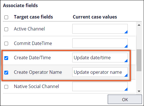 Associate fields dialog box with the Create Date/Time and Create Operator Name target case fields associated with the Update date/time and Update operator name values of the current case, respectively.