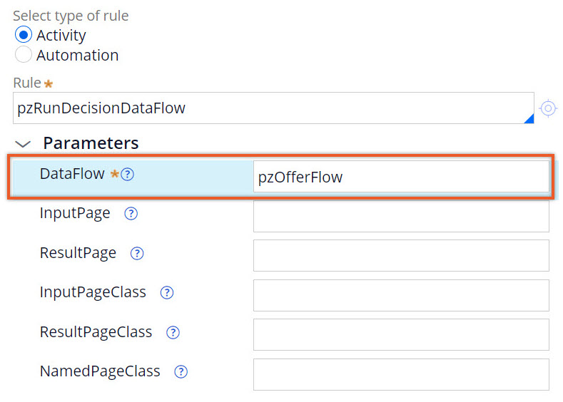 The parameters section of an activity with an example pzOfferFlow flow.