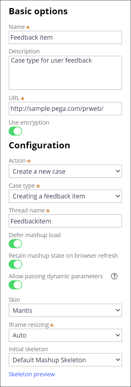 New Web mashup interface form with the required setup for the Creating a feedback item case type