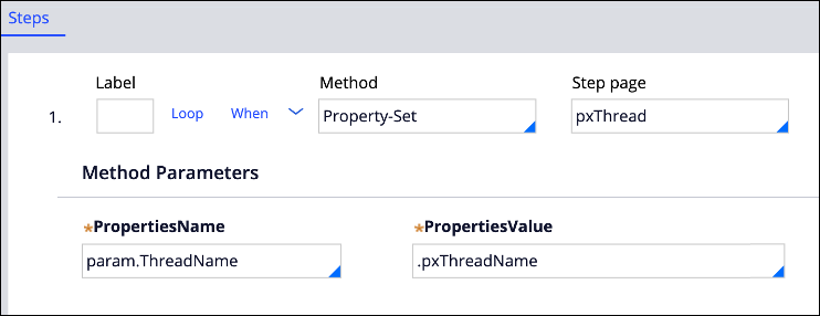 The step includes a Property-Set method and a thread name parameter.