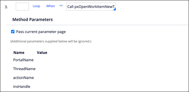 The step calls the pxOpenWorkItemNewTab and passes the parameter page.