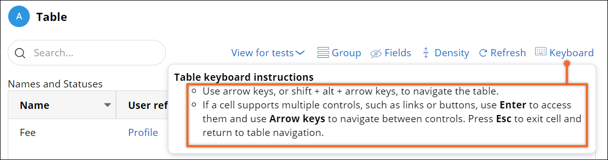 A table with a Keyboard button in the upper-right corner and displayed instructions.