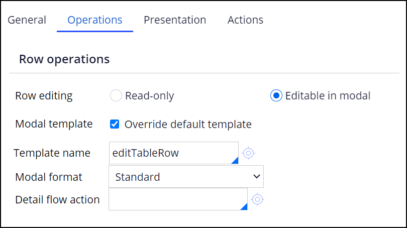 The Editable in modal and Override default template fields are selected. The configuration uses a custom template named editTableRow.