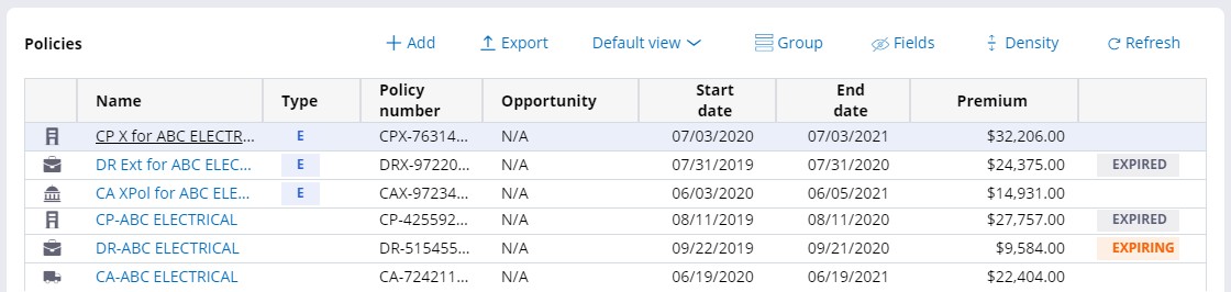 Policy list view for an account