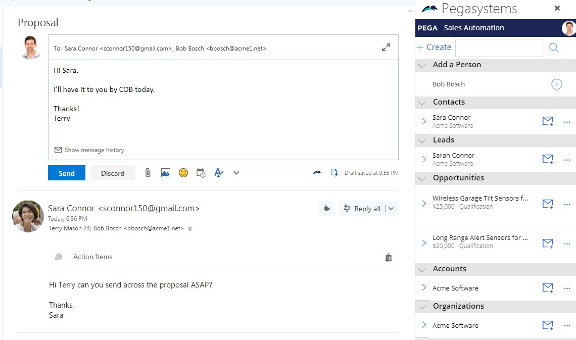 Pega for Outlook dashboard view