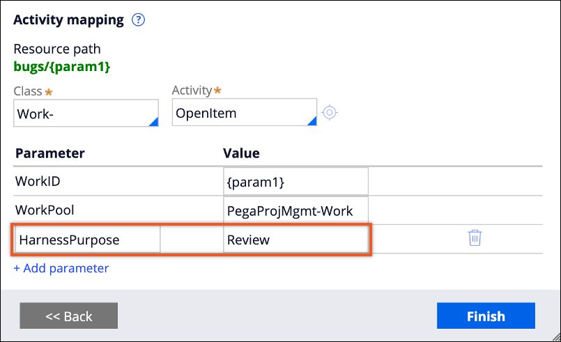 Activity mapping dialog box with values configured for three parameters, including an additional parameter.
