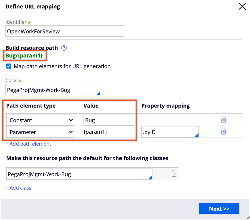 Define URL mapping dialog box with the resource path elements and a preview of the resource path marked.