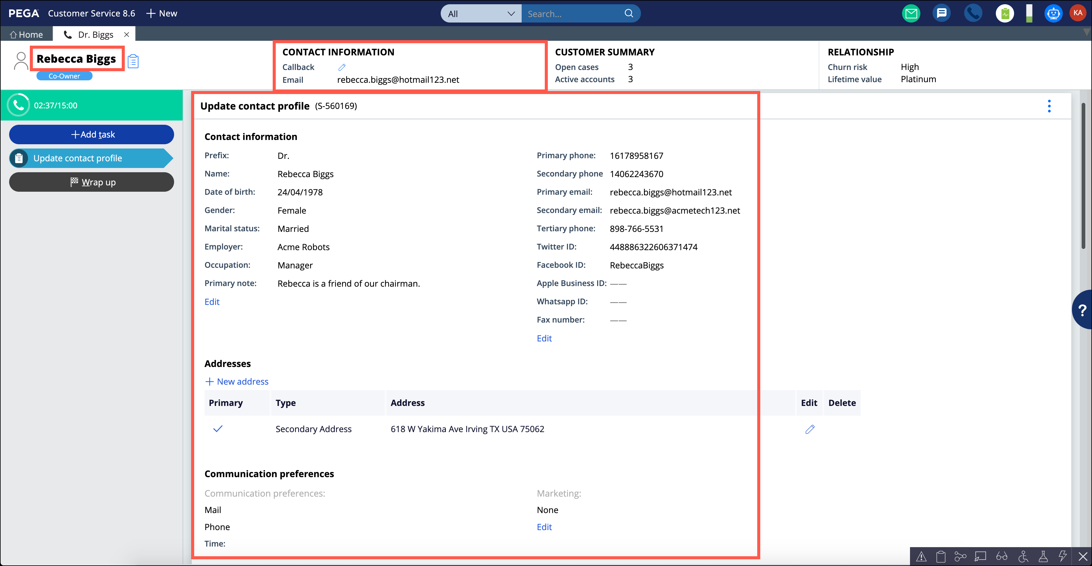 An Update contact profile service case page with marked contact-related properties