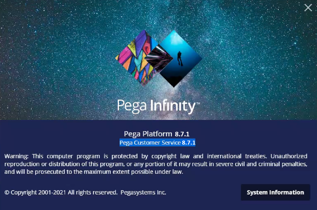 The About Pega Infinity window shows version information for the currently installed Pega Platform and application