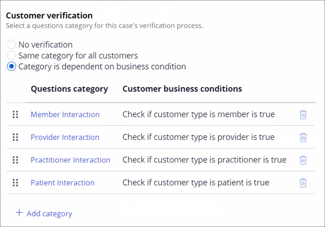 Case type configured to show verification questions based on matching business condition.