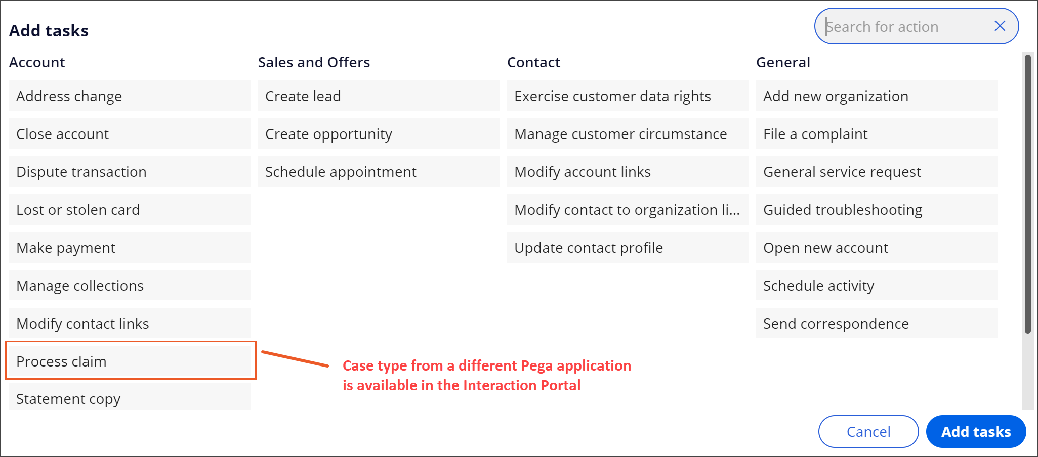 Tasks for other Pega Platform applications are displayed on the Add Task menu