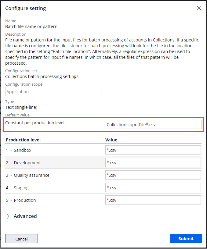 Configure setting dialog box for configuring the batch file name or pattern