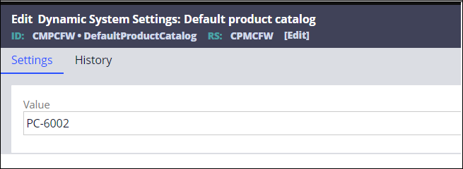 The dynamic system setting for the default product catalog