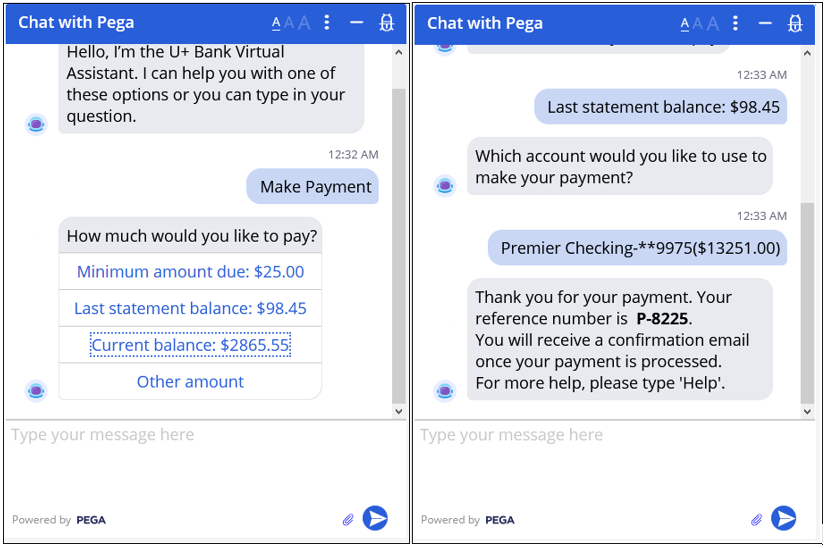 Select payment amount and method example using Pega Chat