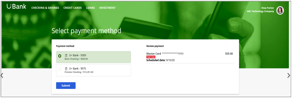 Select payment method example in the web self-service portal