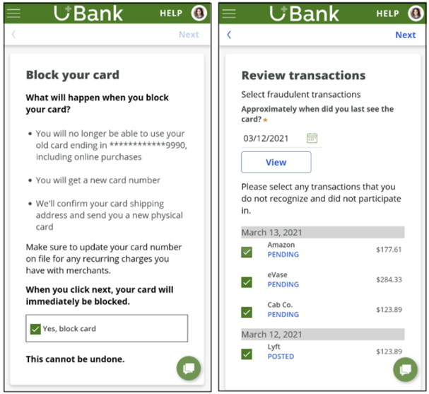 Block card and review transactions example in the web self-service portal