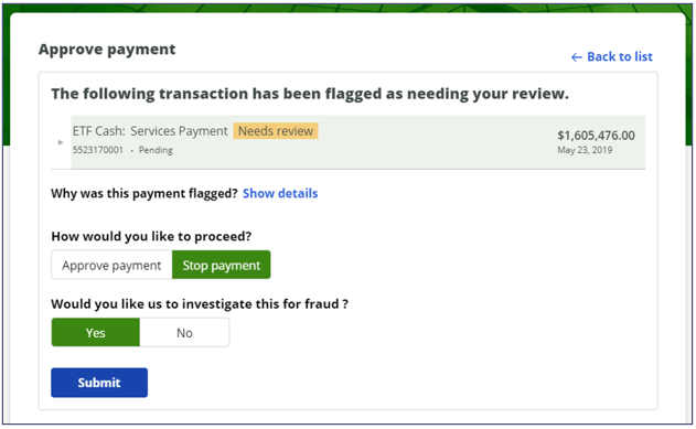 Approve payment example in the self-service portal