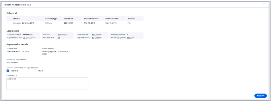 Repossession details example in the Interaction Portal