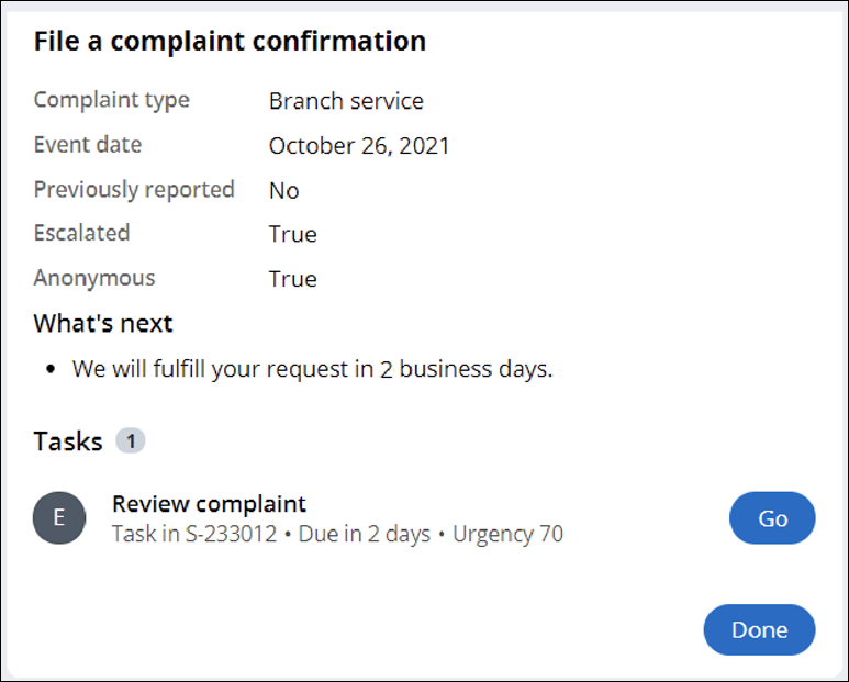The confirmation form displays fields related to the closed complaint and a link to the next open task.