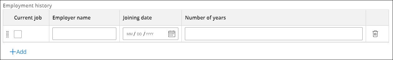 A table with editable fields for employer name, joining date, and number of years worked. A button below the table reads Add.