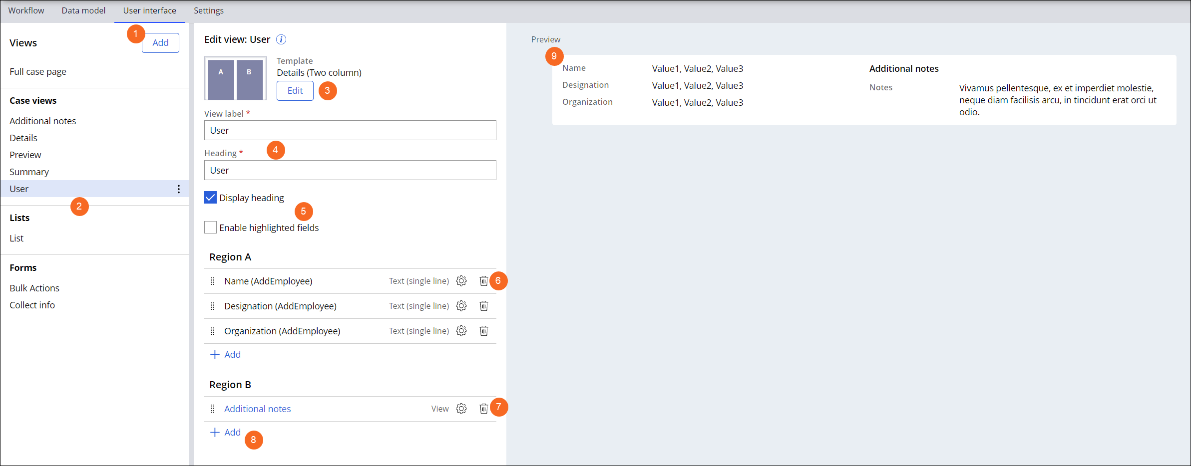 The User Interface tab includes a view list in the left third, a central edit pane, and a preview pane to the right.