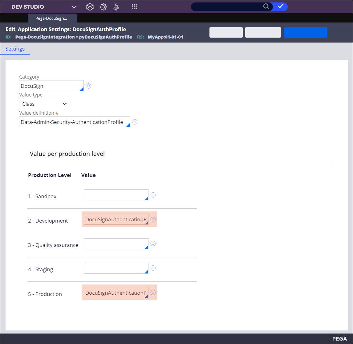 Application setting rule form for the DocuSign connection details.