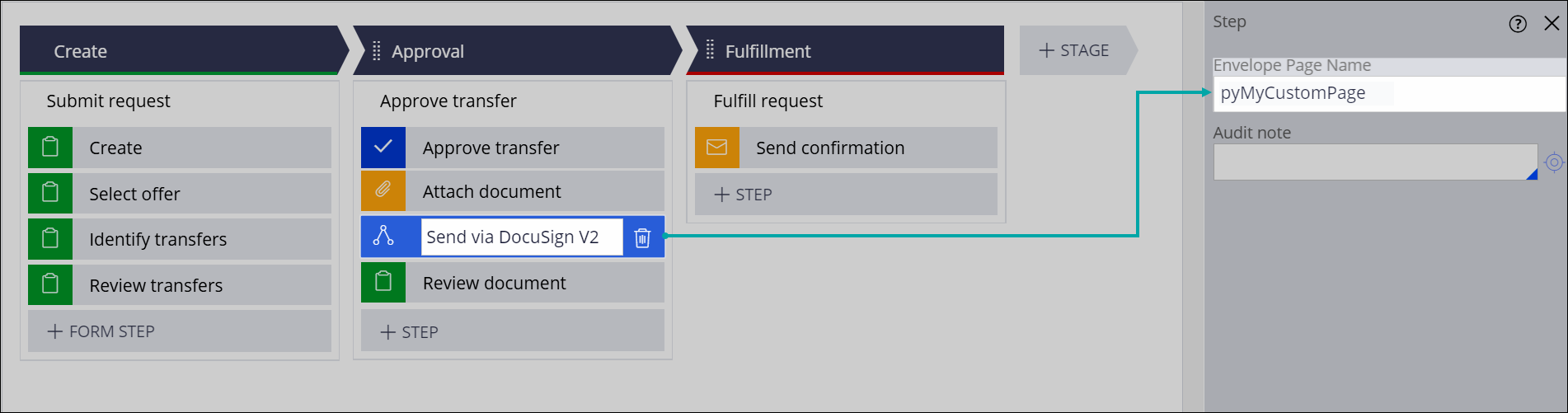 Case type Workflow tab with a stage that contains the Send via DocuSign V2 SmartShape