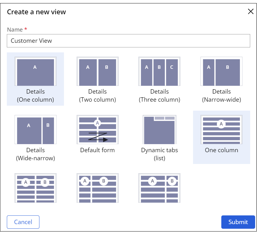 The Create a new view window in a data object with a sample view name and template selected.