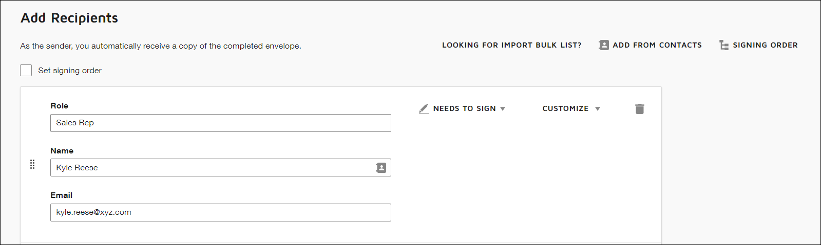 A section of a template in the DocuSign Developer portal in which you configure recipient information.