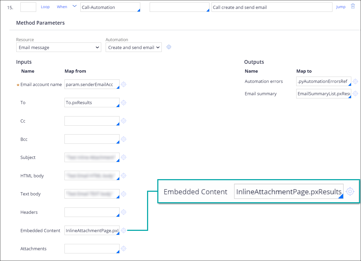 The Call-Automation step, with a configured activity to place the content in the Attachments section or in the email body.