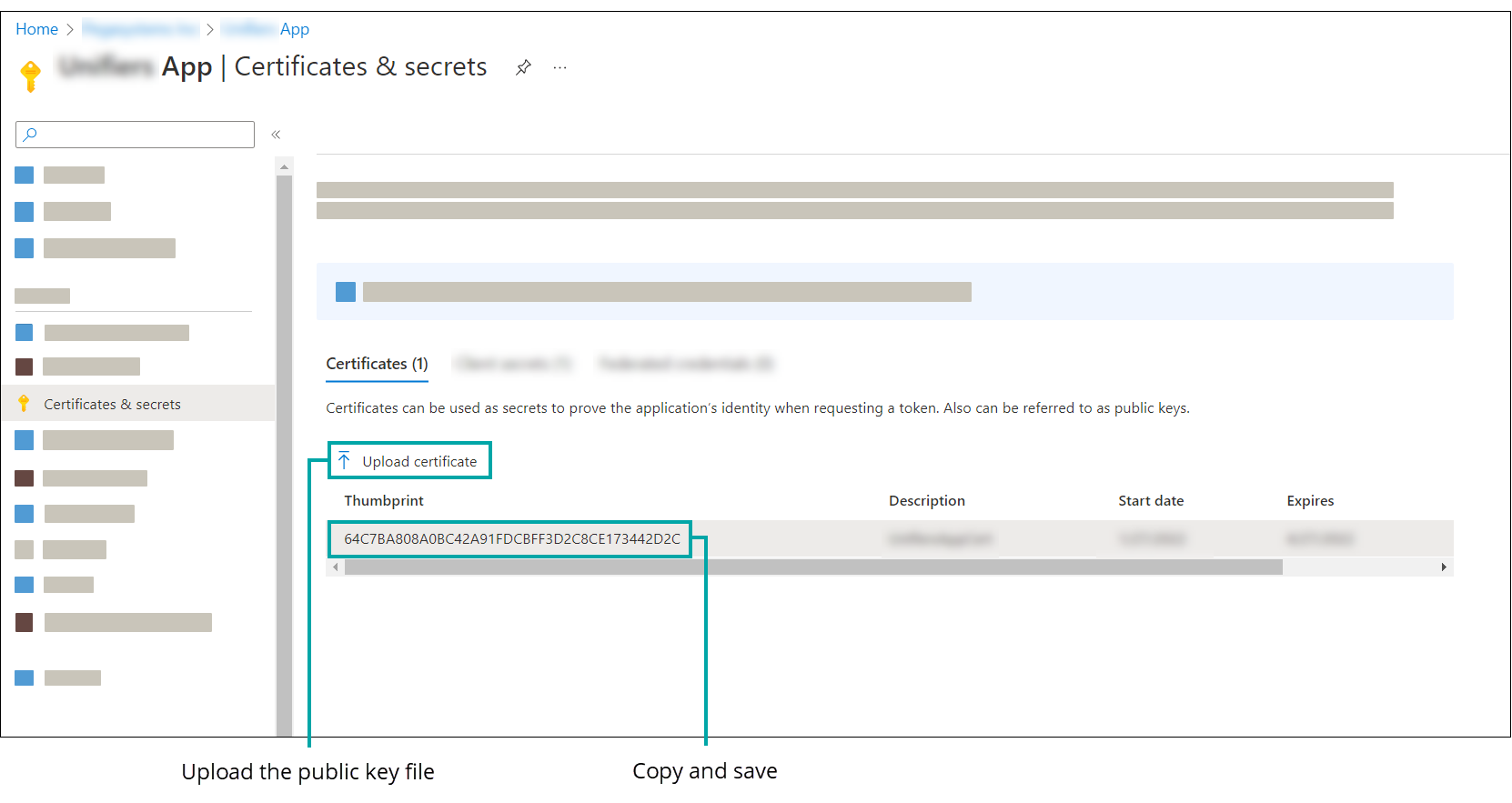 The Certificates and secrets menu in the Microsoft Azure Portal where you upload the public key for JWT authentication.