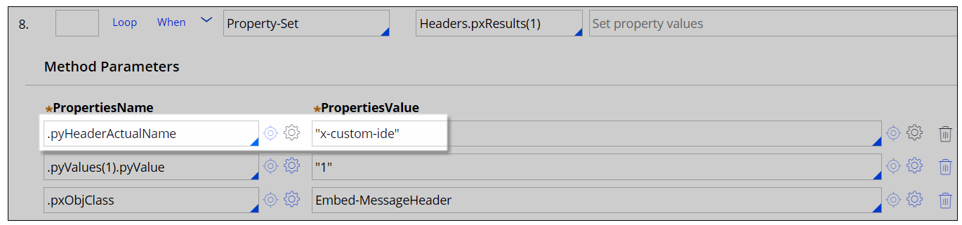 A snippet from an activity in Pega that shows how to properly set a custom header for Microsoft Graph.