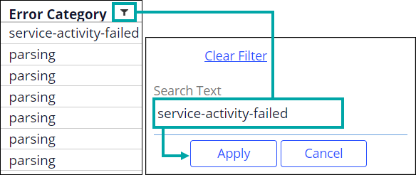 You can find all error entries that belong to a specific category by filtering the Error Category column
