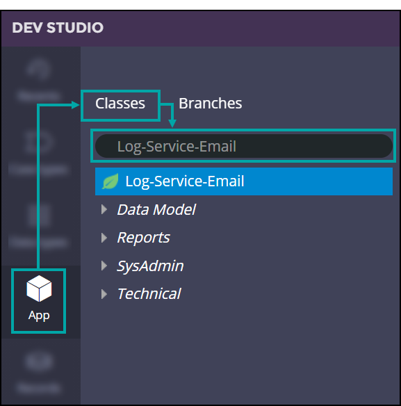 Use the App menu in Dev Studio to navigate to the email listener log table