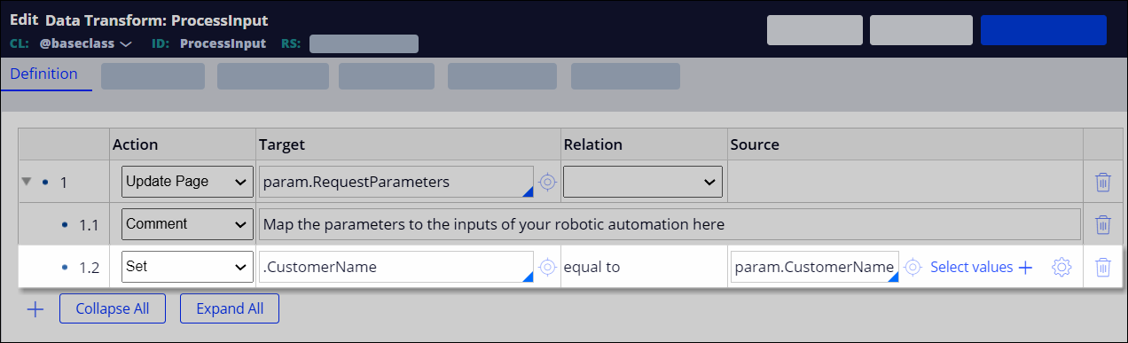 A data transform configuration showing how to set input properties for robotic automation.
