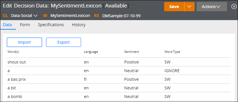 Configuration of a Decision Data rule with a sentiment lexicon.
