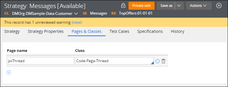 The page name field is set to px thread, the class field is set to code pega thread.