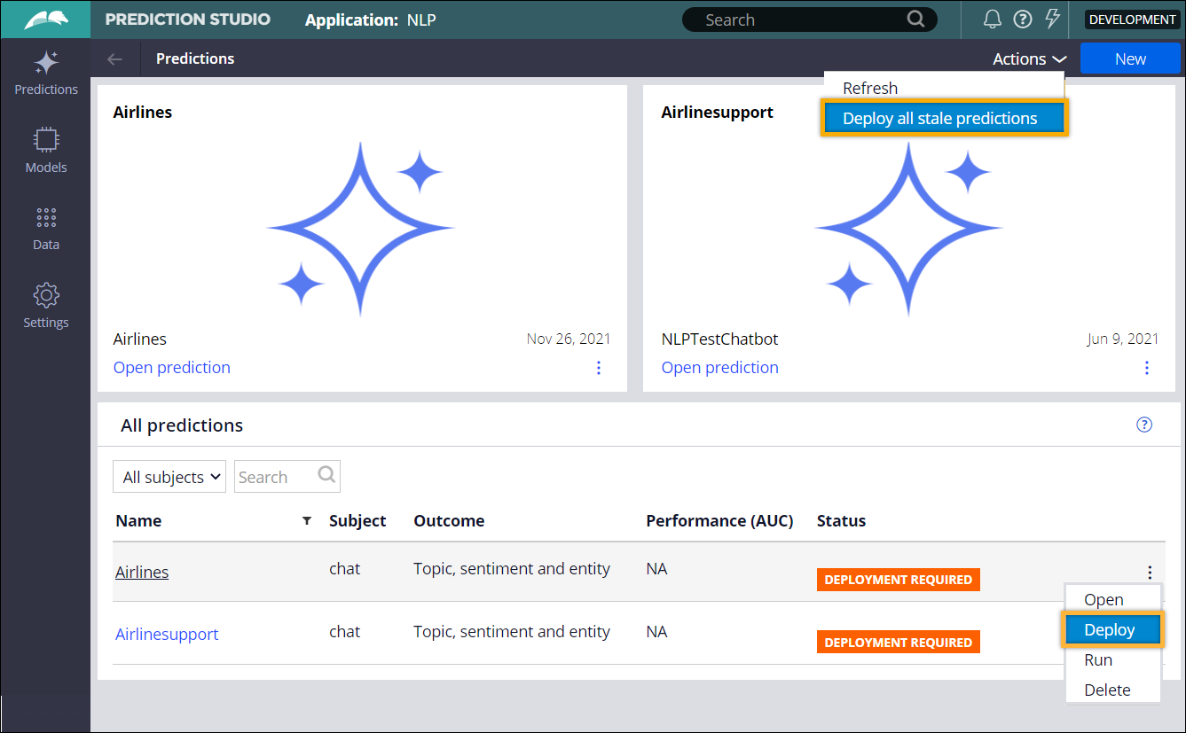 Predictions workspace in Prediction Studio contains two predictions that require deployment.