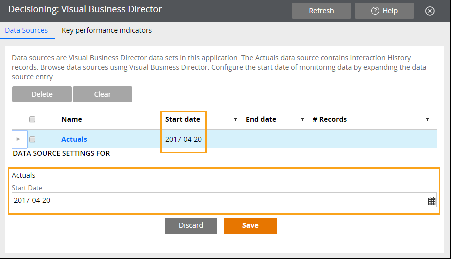 The Data Sources tab of the VBD landing page show the new start date for retrieving data from the Actuals data set.