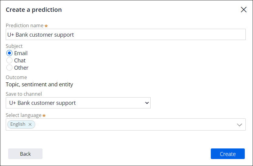 The Create a prediction window with email selected as the topic and U+ Bank customer support as the associated channel