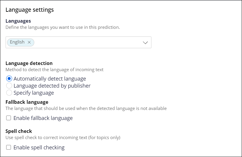Language settings for a text prediction including language detection, fallback language, and spell check