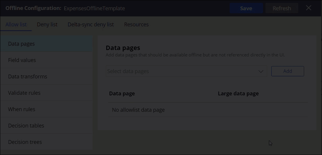 In Dev Studio, the user adds a data page to the offline template and then declares the data page as large by selecting the corresponding checkbox.