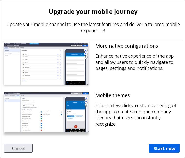 Update wizard that enables you to start the process of converting to a Pega Mobile Client-based channel.