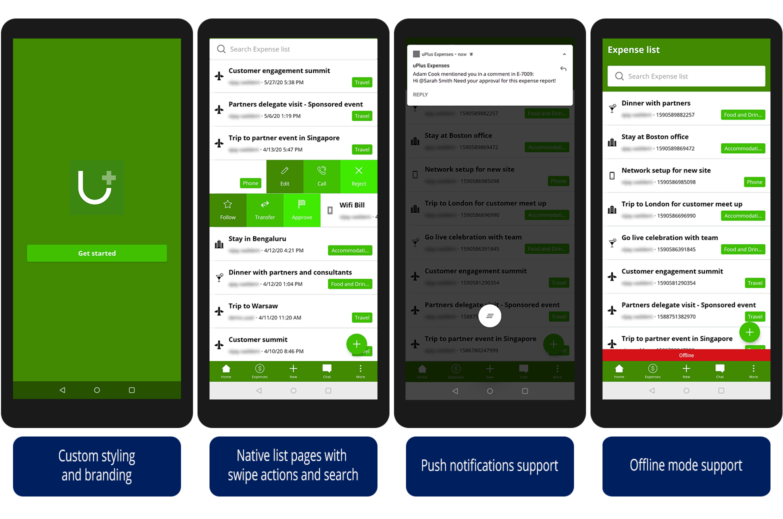Four mobile screens, each represents one feature: custom styling, native list pages, push notifications, and offline mode.