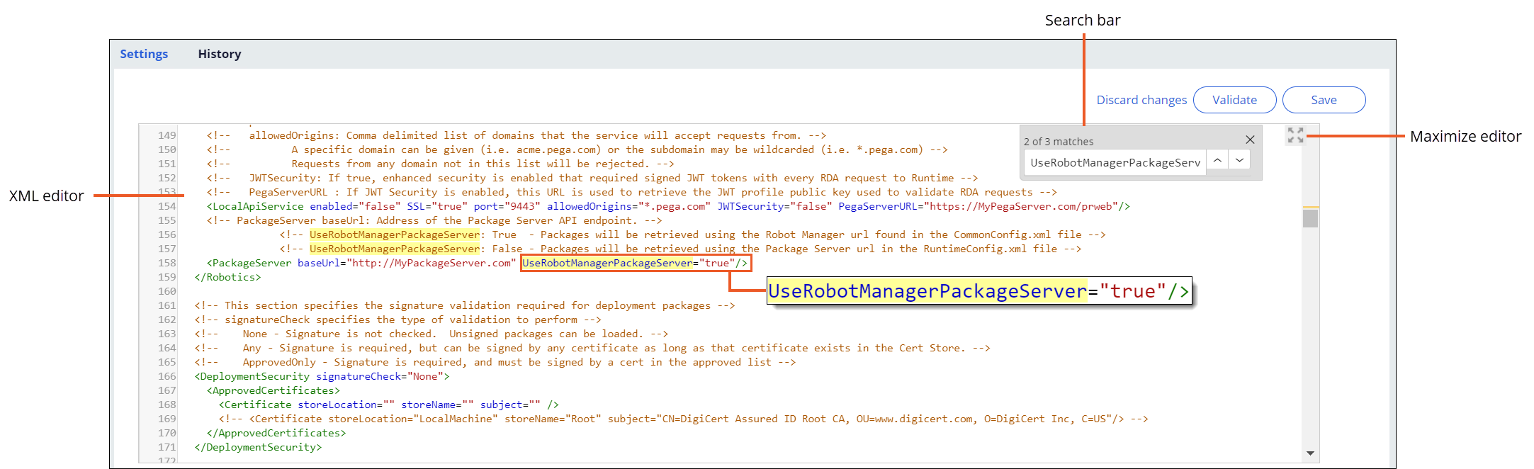 Use the XML-aware editor to modify Pega Robot Runtime settings, as needed.