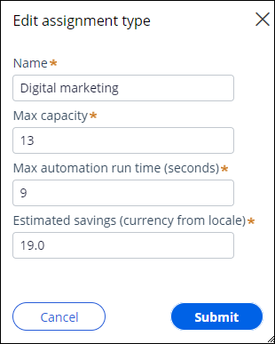 Edit assignment type dialog box shows the current values in editable fields.