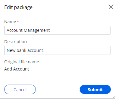 Edit package dialog box shows editable name and description fields and lists the original package name for reference.