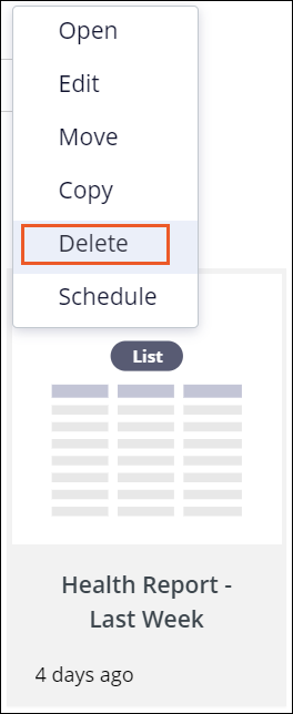 Use the report tile context menu to delete unnecessary reports