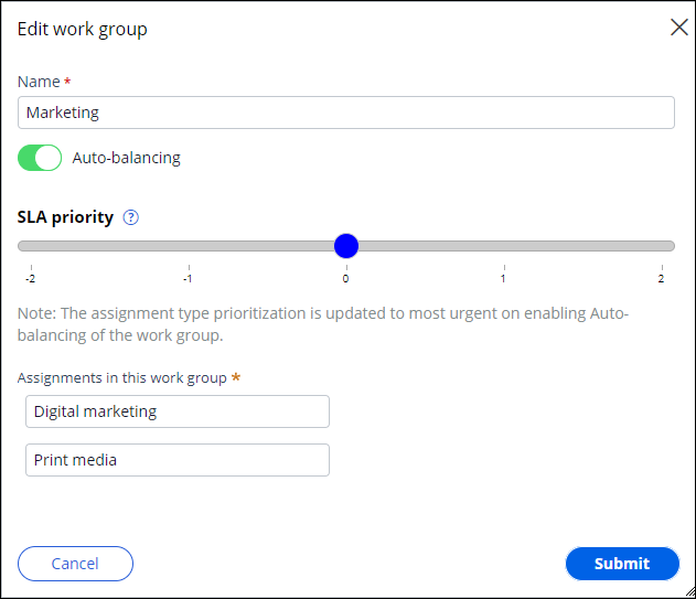 Edit work group options with auto-balancing enabled and the service-level agreement priority slider displayed.