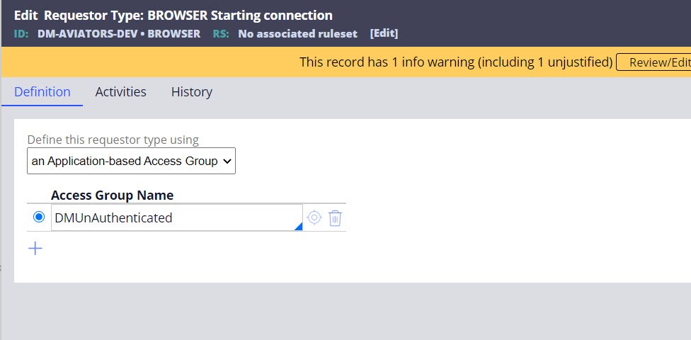 Identify the system name and modify the access group for Browser Requestor Type.